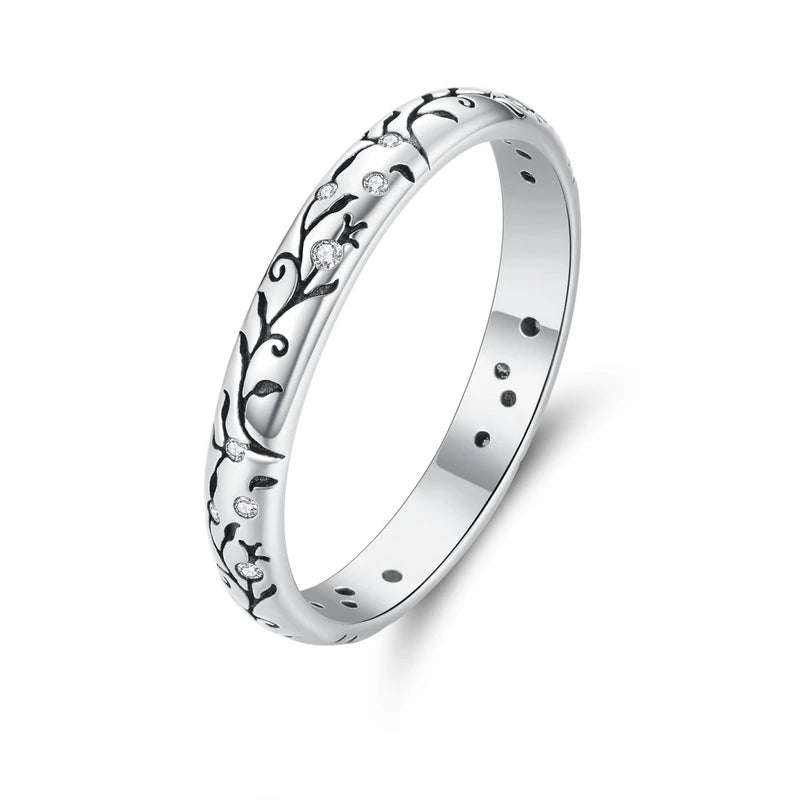 BAMOER 925 Sterling Silver Vintage Embossed Vine Pattern Band Ring for Women Simple Stackable Iris Ring Fine Jewelry Daily Gift