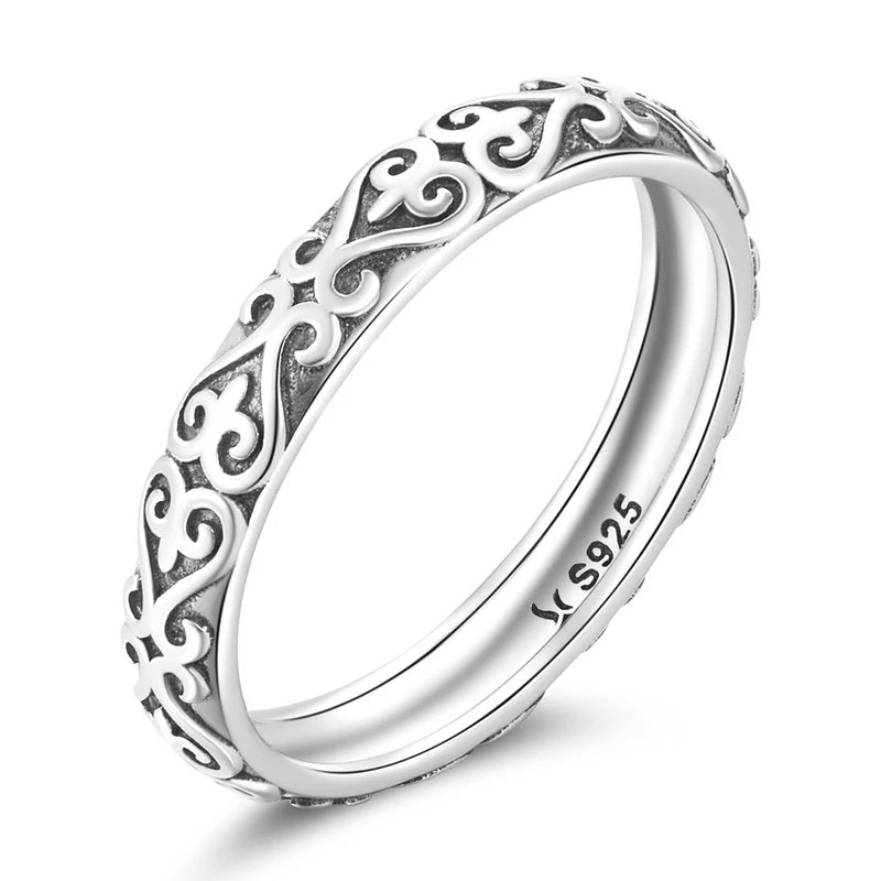BAMOER 925 Sterling Silver Vintage Embossed Vine Pattern Band Ring for Women Simple Stackable Iris Ring Fine Jewelry Daily Gift