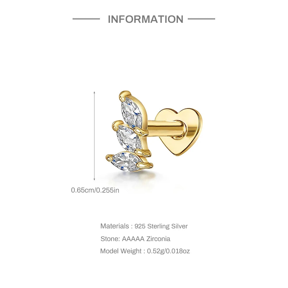 CANNER 1PC 925 Sterling Silver Crown Horse Eye Zircon Heart Flat Head Cartilage Piercing Stud Earring For Women Claasic Earring