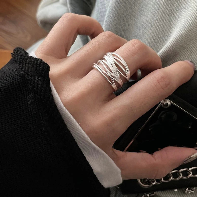 VENTFILLE 925 Sterling Silver Rings INS Fashion Hip Hop Vintage Couples Hollow Lines Punk Thai Silver Party Adjustable Jewelry