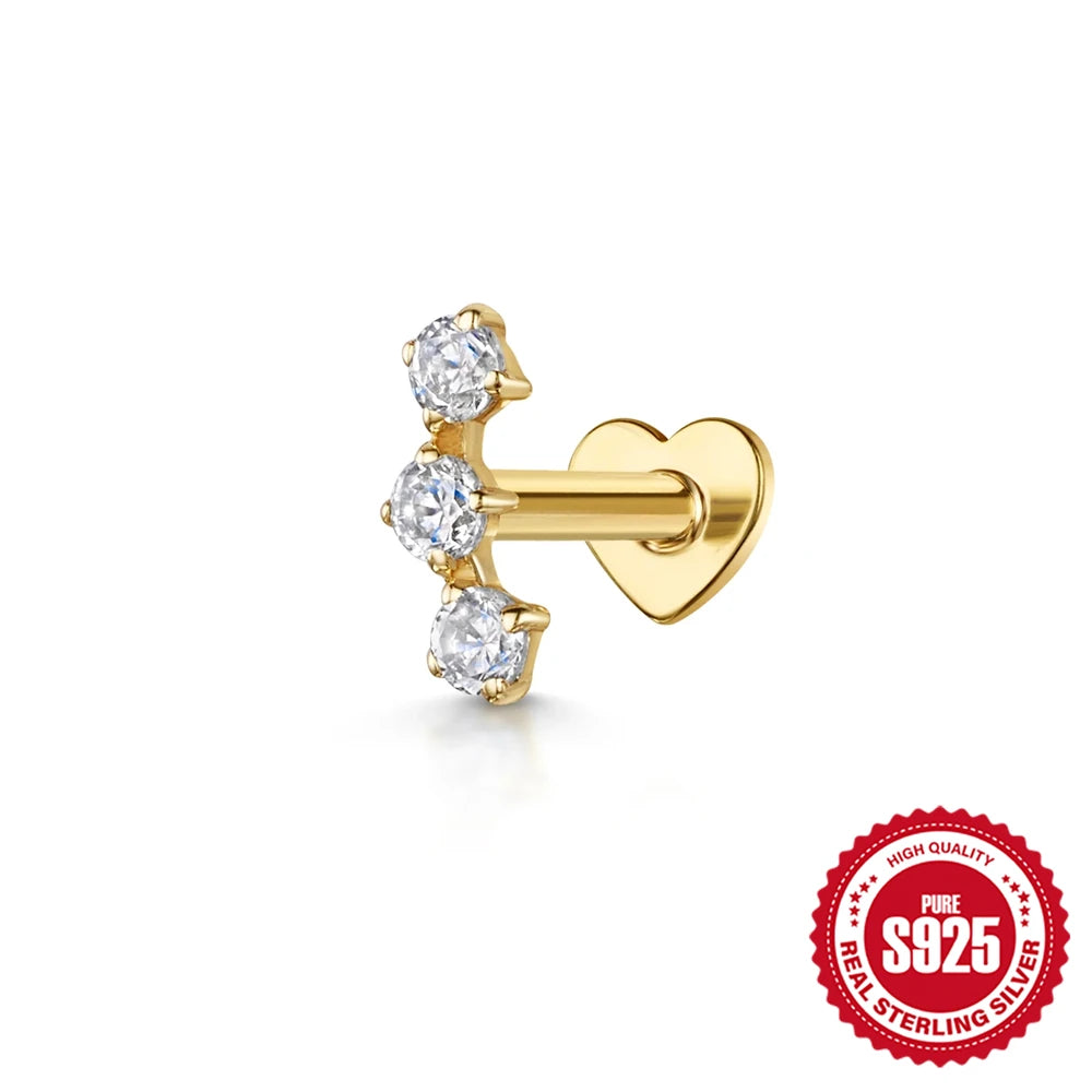 CANNER 1PC 925 Sterling Silver Crown Horse Eye Zircon Heart Flat Head Cartilage Piercing Stud Earring For Women Claasic Earring