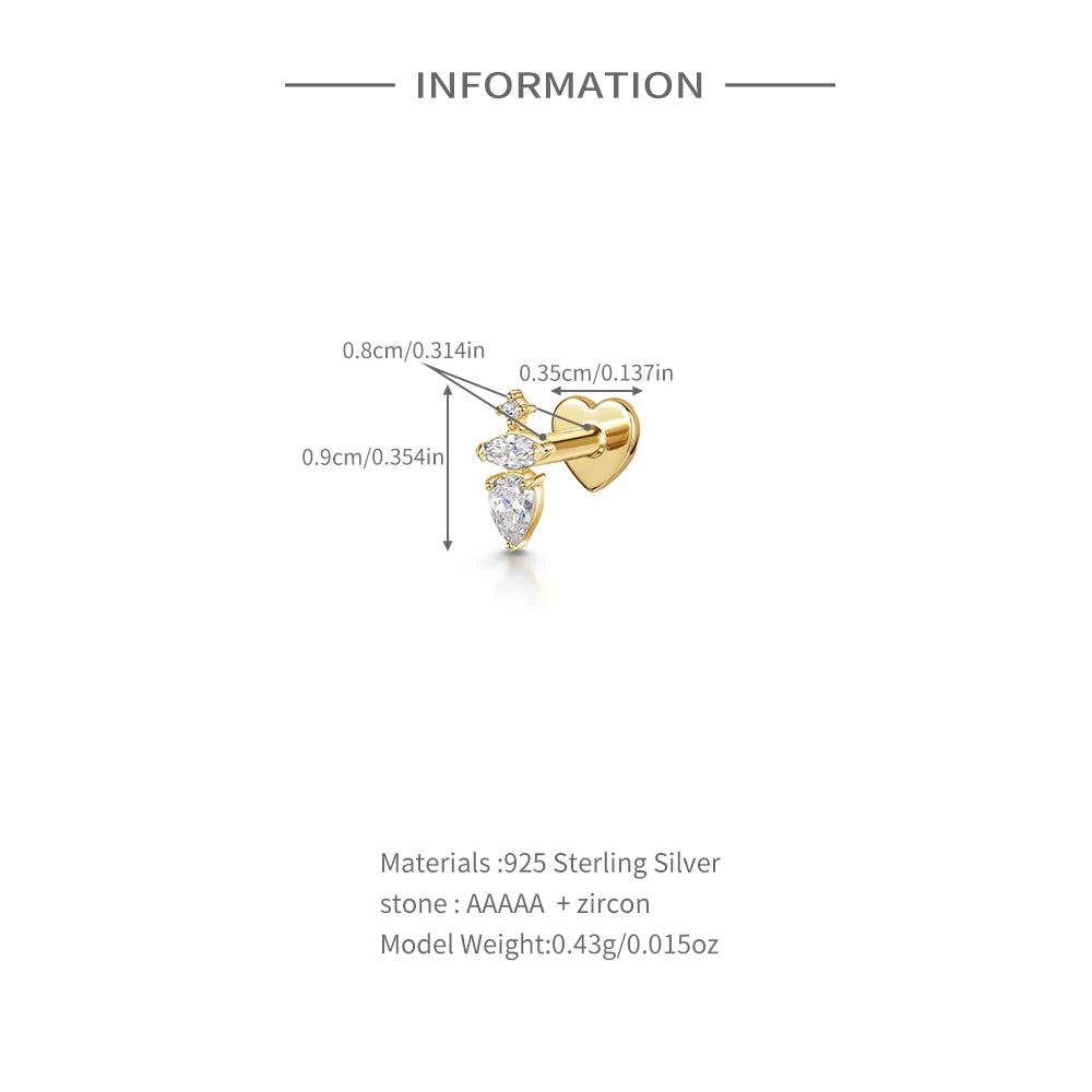 CANNER 1PC 925 Sterling Silver Crown Horse Eye Zircon Heart Flat Head Cartilage Piercing Stud Earring For Women Claasic Earring