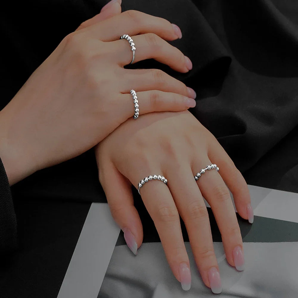 New 925 Sterling Silver Stress Relief Fidget Spinner Rings Rotate Beads Anxiety Adjustable Rings for Women Men Fine Jewelry
