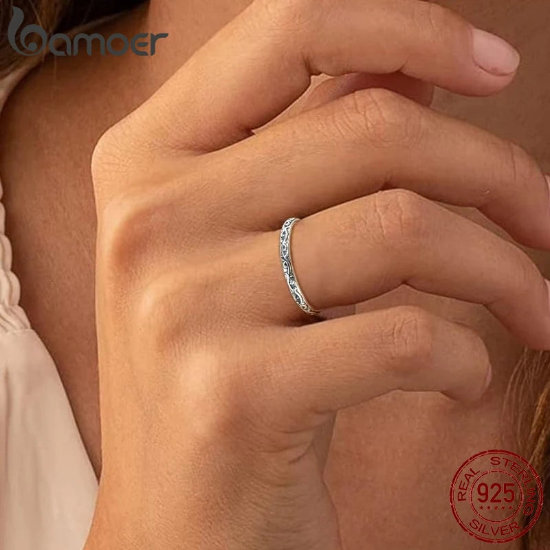 BAMOER 925 Sterling Silver Vintage Embossed Vine Pattern Band Ring for Women Simple Stackable Iris Ring Fine Jewelry Daily Gift