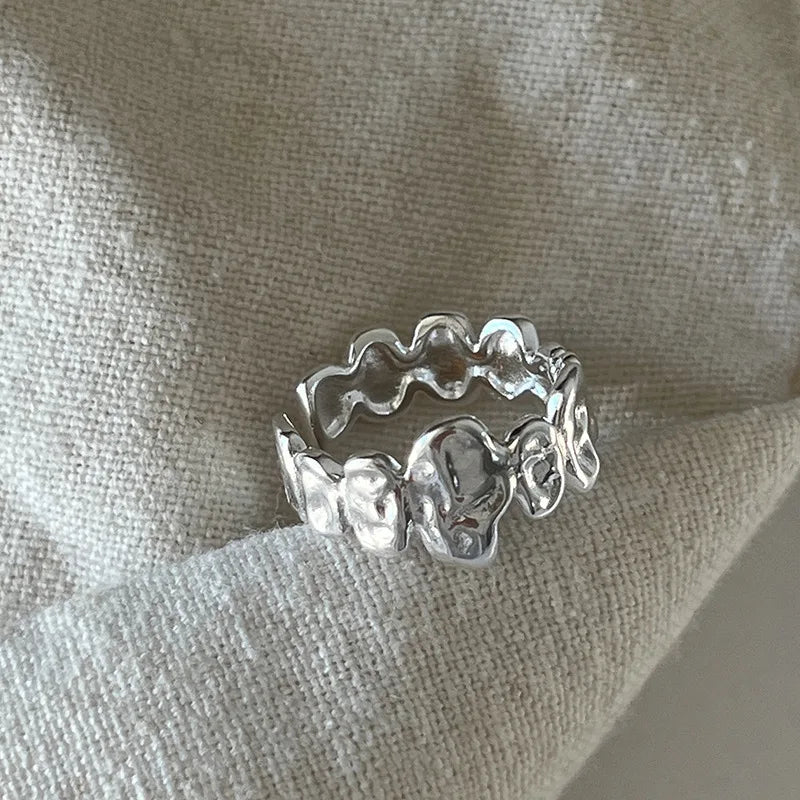 VENTFILLE 925 Sterling Silver Rings INS Fashion Hip Hop Vintage Couples Hollow Lines Punk Thai Silver Party Adjustable Jewelry