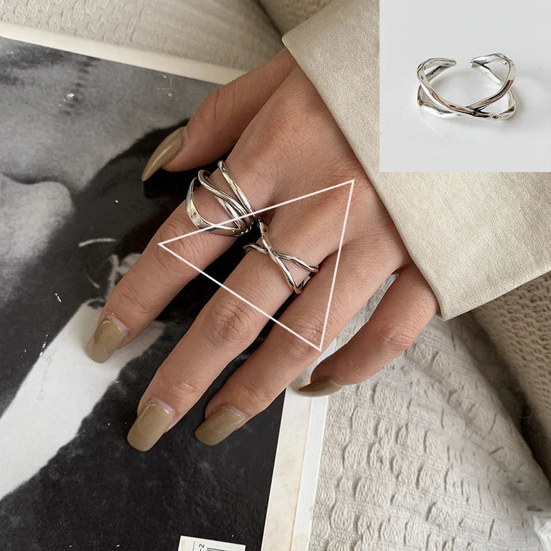 VENTFILLE 925 Sterling Silver Rings INS Fashion Hip Hop Vintage Couples Hollow Lines Punk Thai Silver Party Adjustable Jewelry