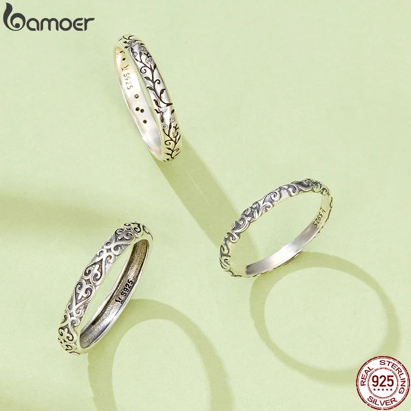 BAMOER 925 Sterling Silver Vintage Embossed Vine Pattern Band Ring for Women Simple Stackable Iris Ring Fine Jewelry Daily Gift