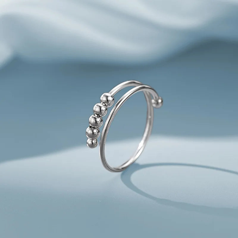 New 925 Sterling Silver Stress Relief Fidget Spinner Rings Rotate Beads Anxiety Adjustable Rings for Women Men Fine Jewelry