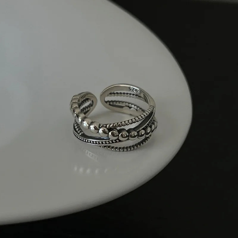 VENTFILLE 925 Sterling Silver Rings INS Fashion Hip Hop Vintage Couples Hollow Lines Punk Thai Silver Party Adjustable Jewelry