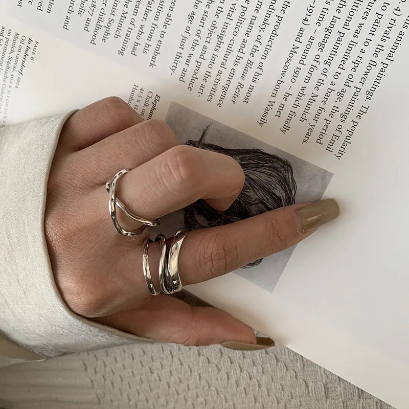 VENTFILLE 925 Sterling Silver Rings INS Fashion Hip Hop Vintage Couples Hollow Lines Punk Thai Silver Party Adjustable Jewelry