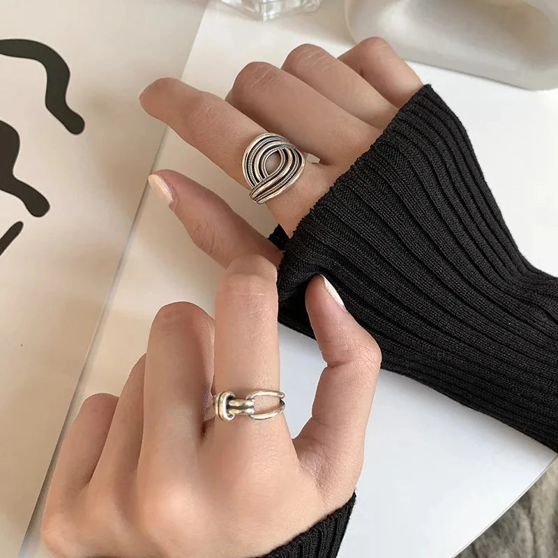 VENTFILLE 925 Sterling Silver Rings INS Fashion Hip Hop Vintage Couples Hollow Lines Punk Thai Silver Party Adjustable Jewelry