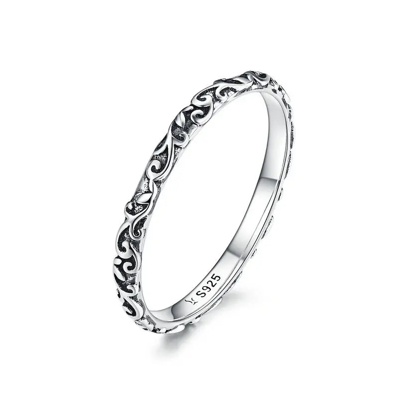 BAMOER 925 Sterling Silver Vintage Embossed Vine Pattern Band Ring for Women Simple Stackable Iris Ring Fine Jewelry Daily Gift