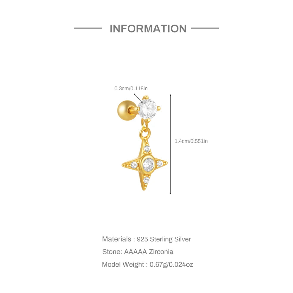 CANNER 1PC 925 Sterling Silver Crown Horse Eye Zircon Heart Flat Head Cartilage Piercing Stud Earring For Women Claasic Earring