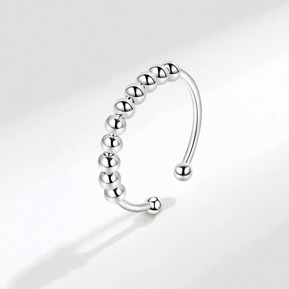 New 925 Sterling Silver Stress Relief Fidget Spinner Rings Rotate Beads Anxiety Adjustable Rings for Women Men Fine Jewelry