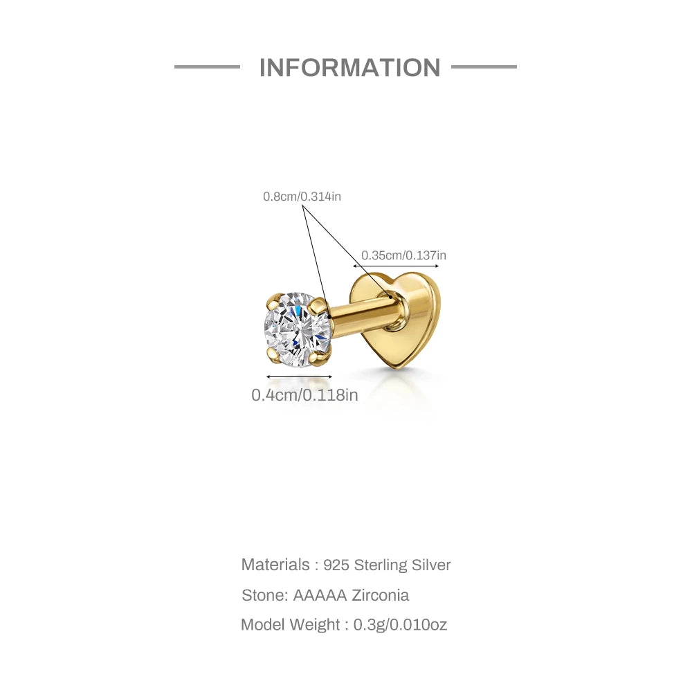 CANNER 1PC 925 Sterling Silver Crown Horse Eye Zircon Heart Flat Head Cartilage Piercing Stud Earring For Women Claasic Earring