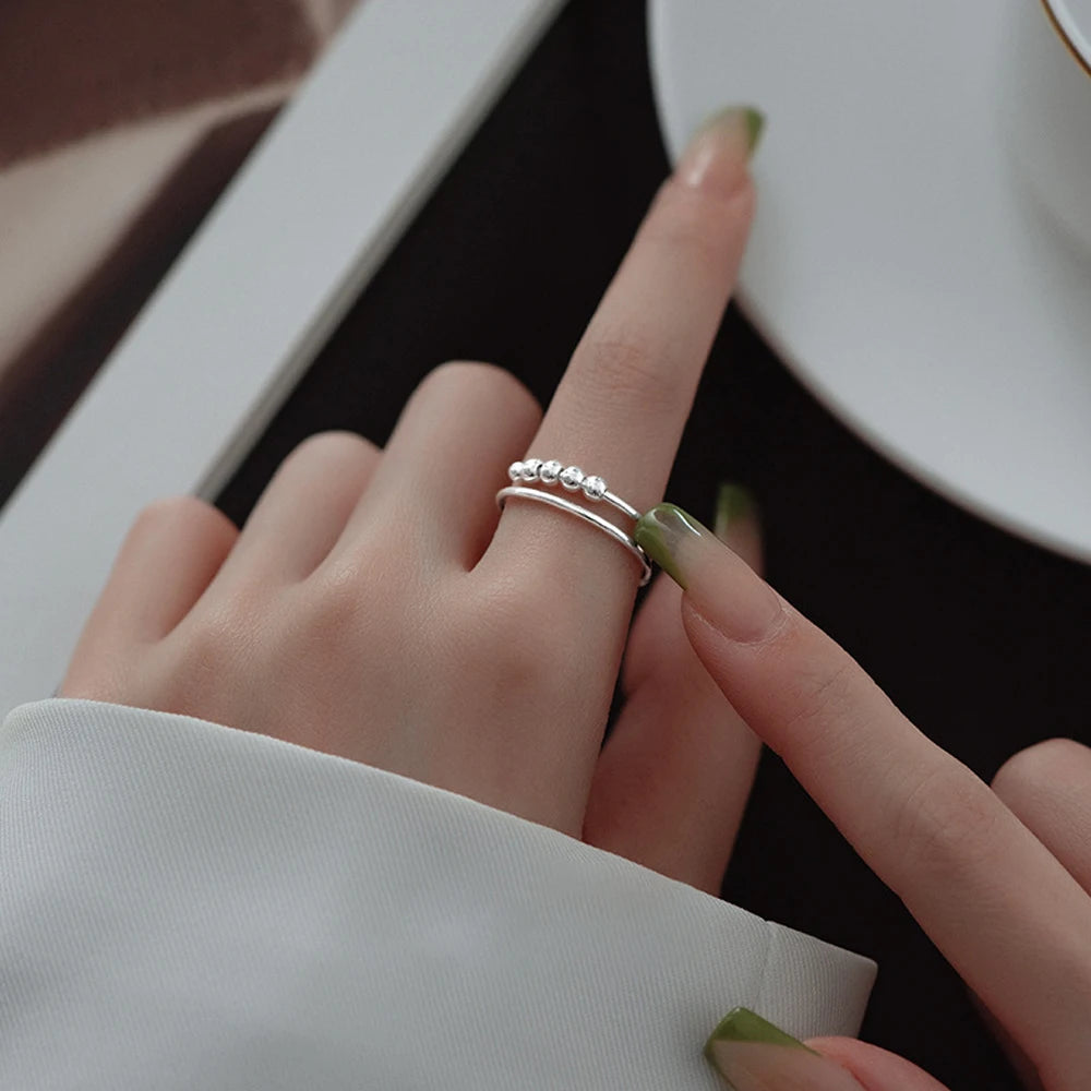 New 925 Sterling Silver Stress Relief Fidget Spinner Rings Rotate Beads Anxiety Adjustable Rings for Women Men Fine Jewelry