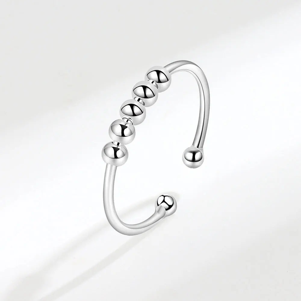 New 925 Sterling Silver Stress Relief Fidget Spinner Rings Rotate Beads Anxiety Adjustable Rings for Women Men Fine Jewelry