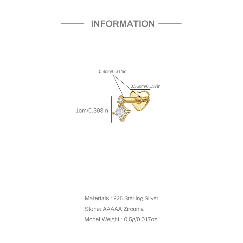 CANNER 1PC 925 Sterling Silver Crown Horse Eye Zircon Heart Flat Head Cartilage Piercing Stud Earring For Women Claasic Earring