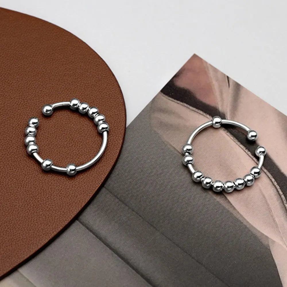 New 925 Sterling Silver Stress Relief Fidget Spinner Rings Rotate Beads Anxiety Adjustable Rings for Women Men Fine Jewelry