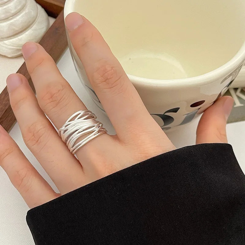 VENTFILLE 925 Sterling Silver Rings INS Fashion Hip Hop Vintage Couples Hollow Lines Punk Thai Silver Party Adjustable  Jewelry