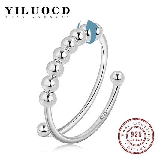 New 925 Sterling Silver Stress Relief Fidget Spinner Rings Rotate Beads Anxiety Adjustable Rings for Women Men Fine Jewelry