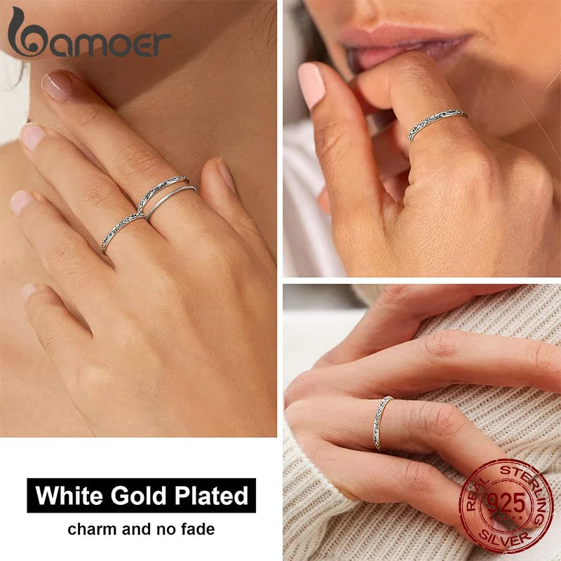 BAMOER 925 Sterling Silver Vintage Embossed Vine Pattern Band Ring for Women Simple Stackable Iris Ring Fine Jewelry Daily Gift