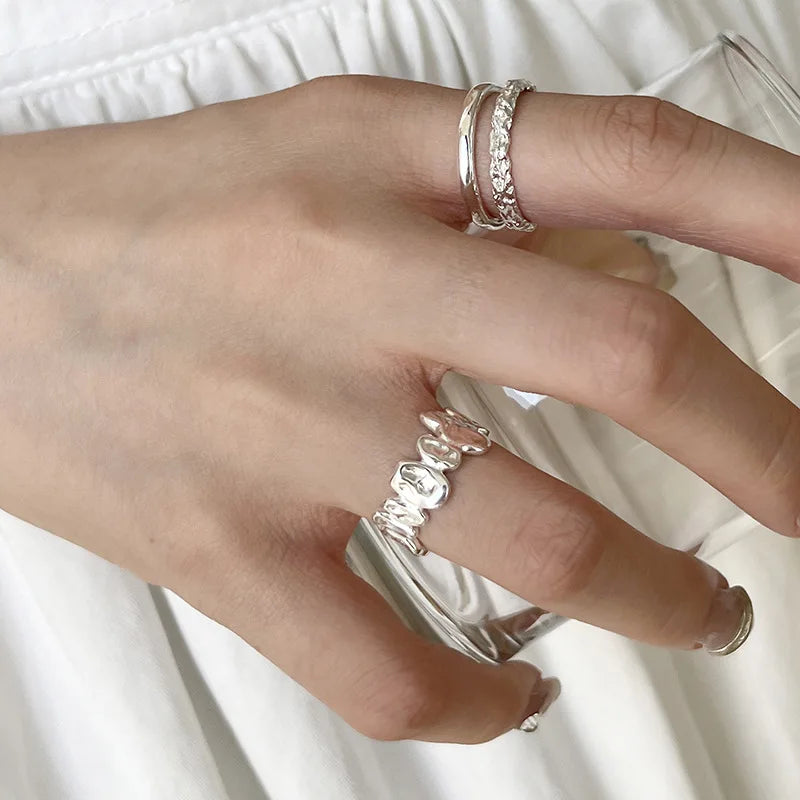 VENTFILLE 925 Sterling Silver Rings INS Fashion Hip Hop Vintage Couples Hollow Lines Punk Thai Silver Party Adjustable  Jewelry