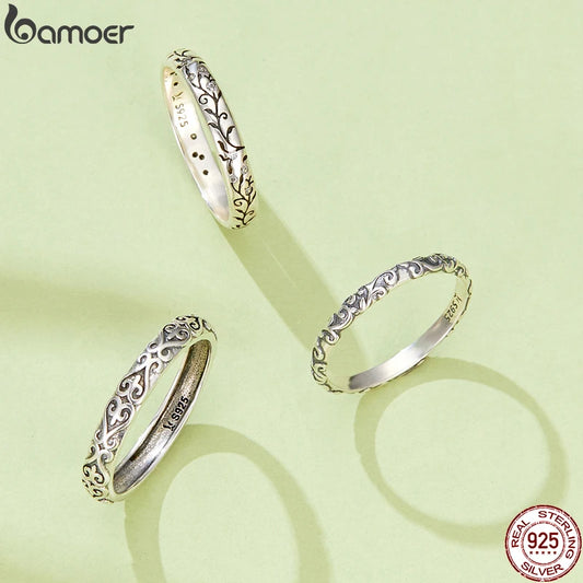 BAMOER 925 Sterling Silver Vintage Embossed Vine Pattern Band Ring for Women Simple Stackable Iris Ring Fine Jewelry Daily Gift