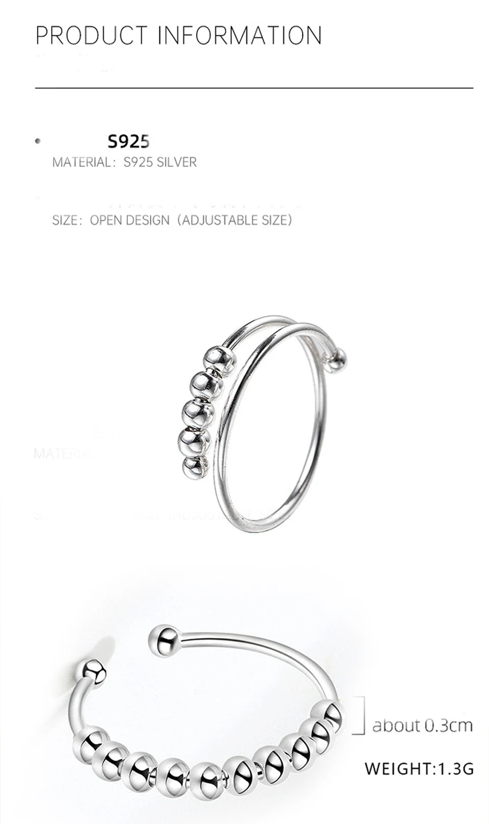 New 925 Sterling Silver Stress Relief Fidget Spinner Rings Rotate Beads Anxiety Adjustable Rings for Women Men Fine Jewelry