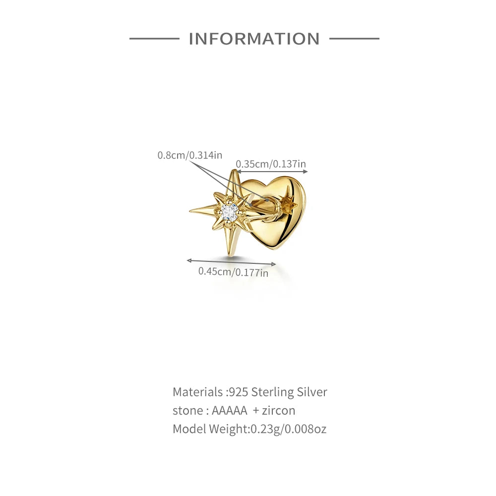 CANNER 1PC 925 Sterling Silver Crown Horse Eye Zircon Heart Flat Head Cartilage Piercing Stud Earring For Women Claasic Earring