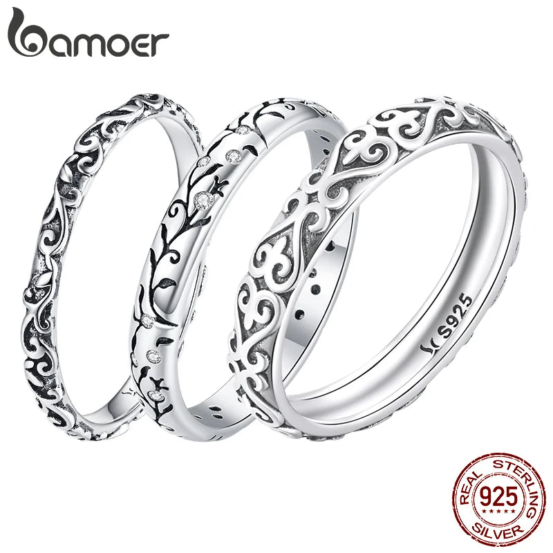 BAMOER 925 Sterling Silver Vintage Embossed Vine Pattern Band Ring for Women Simple Stackable Iris Ring Fine Jewelry Daily Gift